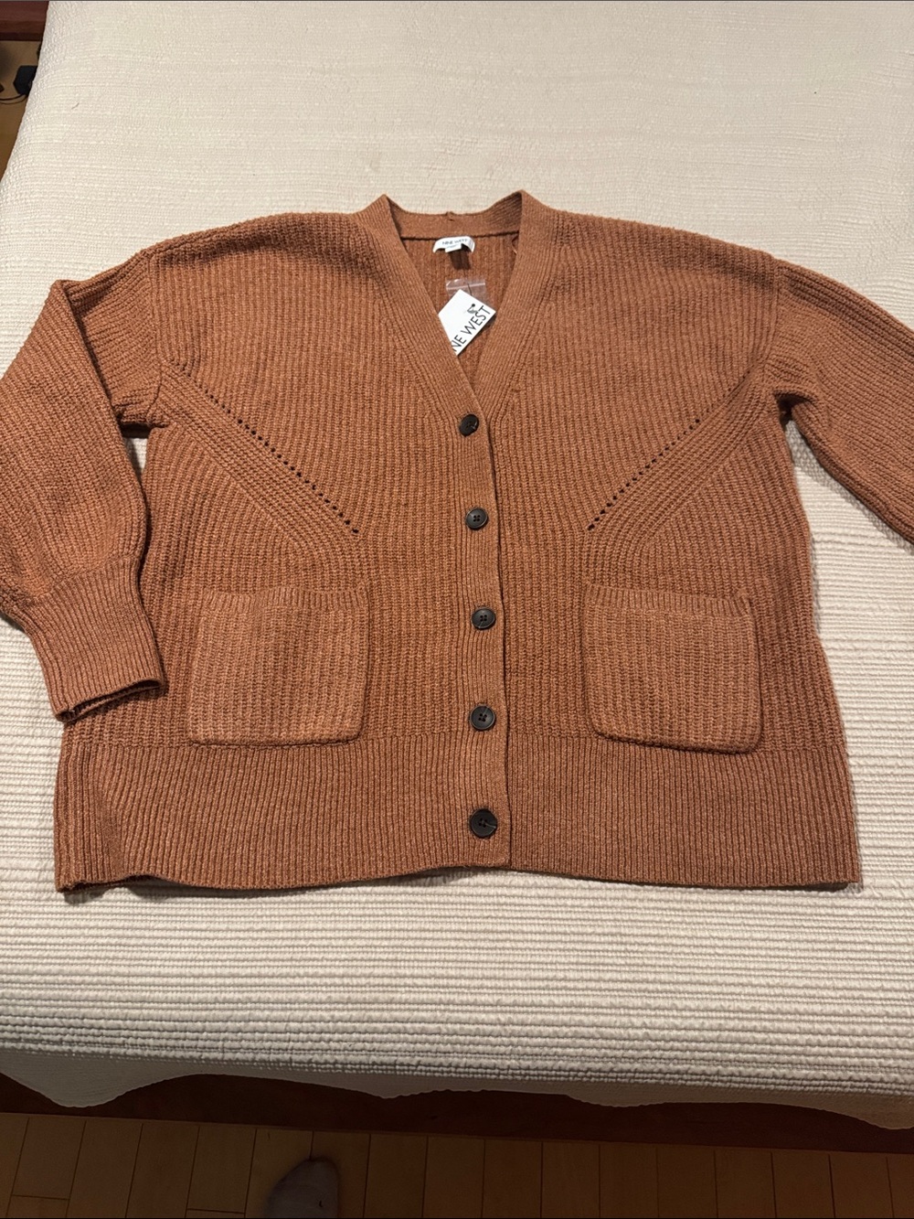 Nine West Burnt Orange Button-Front Ribbed Cardigan